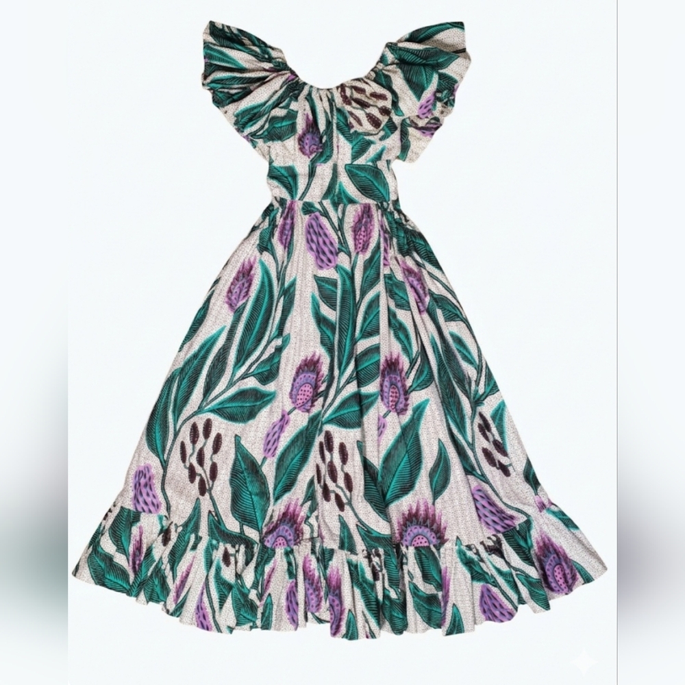 Sika Anthropologie Off-the-Shoulder Printed Maxi Dress Gree, Purple & White Sz 2 - Picture 9 of 16